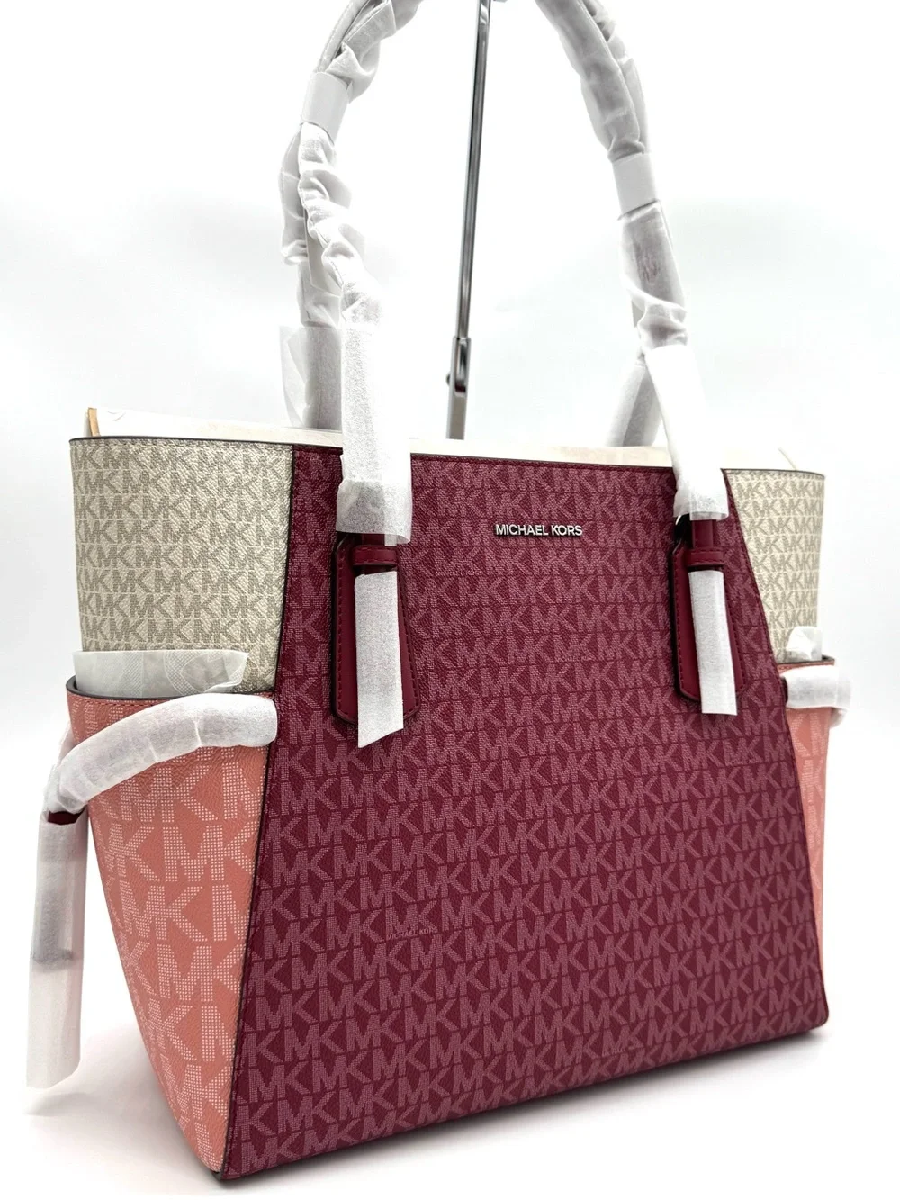 Michael Kors Voyager Large Color-Block Signature Logo Tote Bag - Maroon